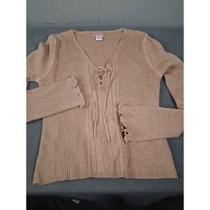 Vintage Y2K Unionbay Sweater Womens XL Tan‎ Ribbed Lace Up Knit Top Lettuce Hem